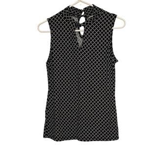 NY&Co Sleeveless Blouse Black Geometric Print Keyhole Neck Chic Workwear Top S